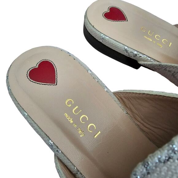 Gucci GG Princetown Horsebit Flat Mule Slipper Canvas White Silver Size 37 US 7 - Picture 7 of 12
